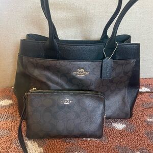 Coach Black and Dark Brown Signature Tote with Wristlet